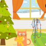Graphic of Joulie and Sparks the cat adding energy-efficient LEDs to their holiday tree.